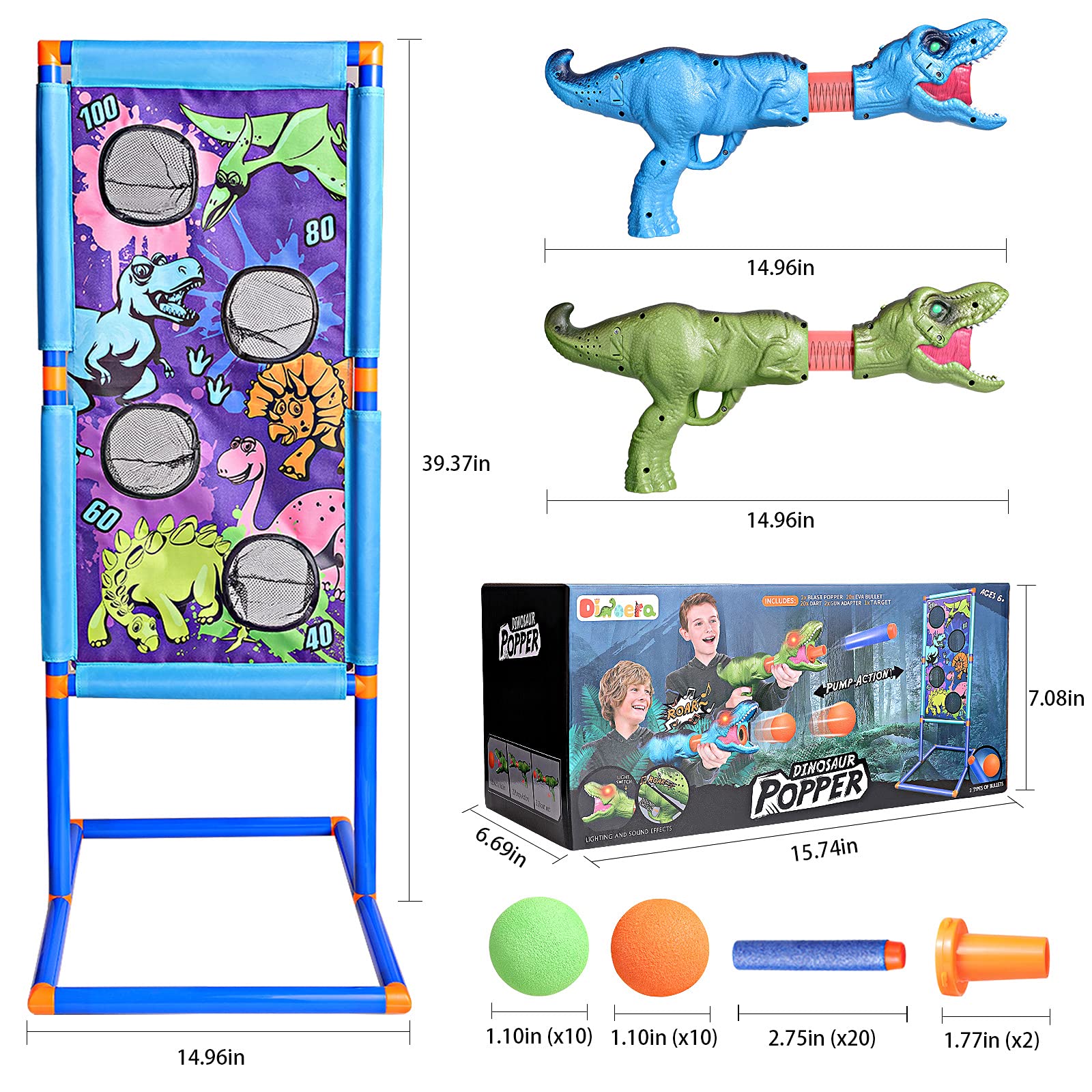 Dinoera Dinosaur Toys for 5 6 7 8 9 10+ Year Old Boys - 2 in 1 Shooting Game Dinosaur Toys for Kids 5-7 | 2pk Foam Ball Popper Air Gun Set Compatible with Nerf Toys Christmas Birthday Gifts Boys Girls