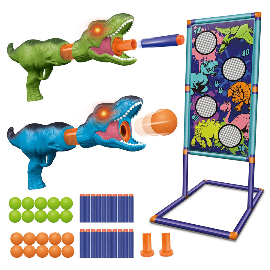 Dinoera Dinosaur Toys for 5 6 7 8 9 10+ Year Old Boys - 2 in 1 Shooting Game Dinosaur Toys for Kids 5-7 | 2pk Foam Ball Popper Air Gun Set Compatible with Nerf Toys Christmas Birthday Gifts Boys Girls