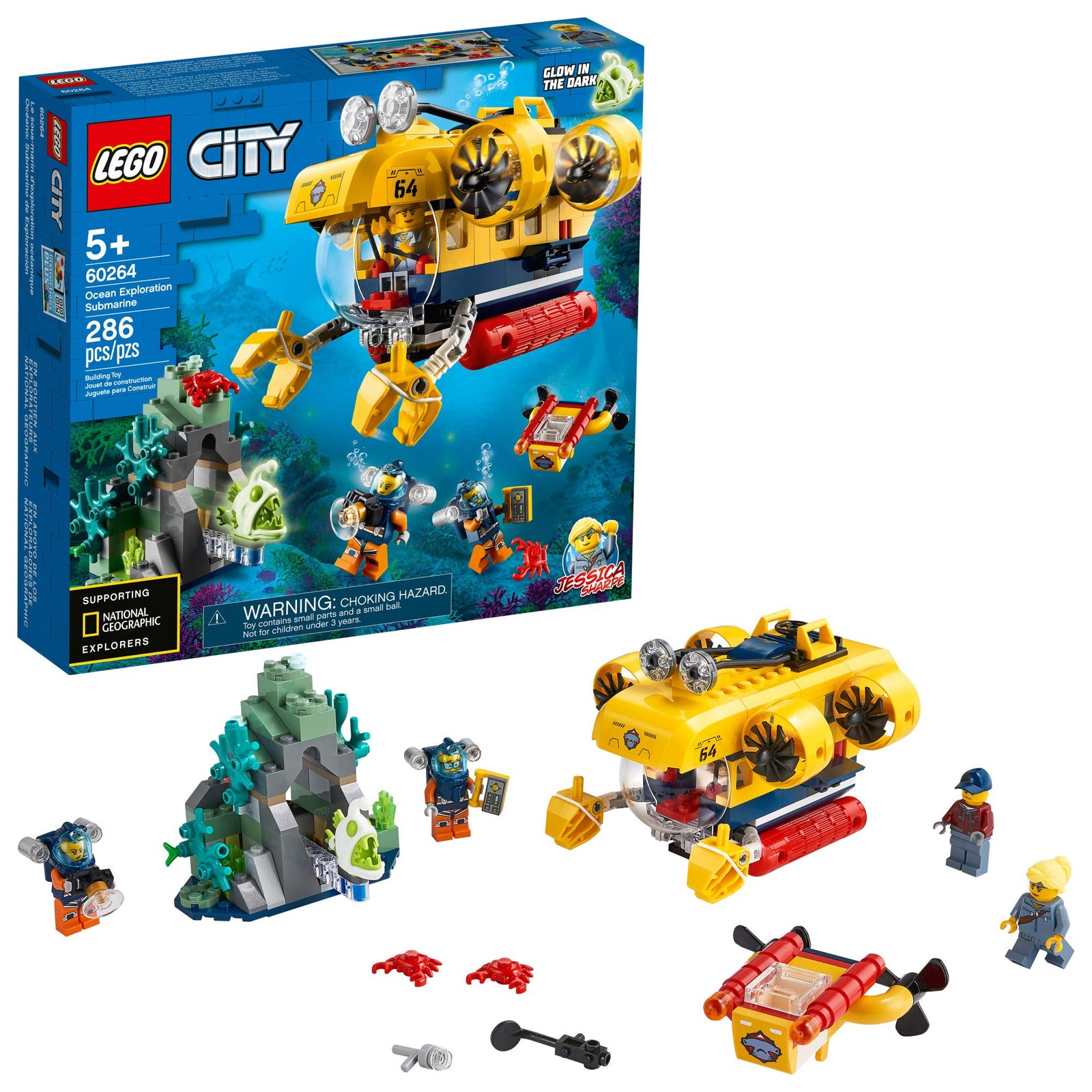 LEGO City Ocean Exploration Submarine 60264, with Submarine, Coral Reef Setting, Underwater Drone, Glow in The Dark Anglerfish Figure and 4 Explorer Minifigures (286 Pieces)