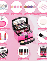 Vextronic Girl Makeup Toy Set 30 Pcs Washable Kids Makeup Kit for Girls, Pretend Play Makeup Kit for Kids, Non-Toxic, Real Cosmetic Toy Beauty Set for Kids Birthday Gift
