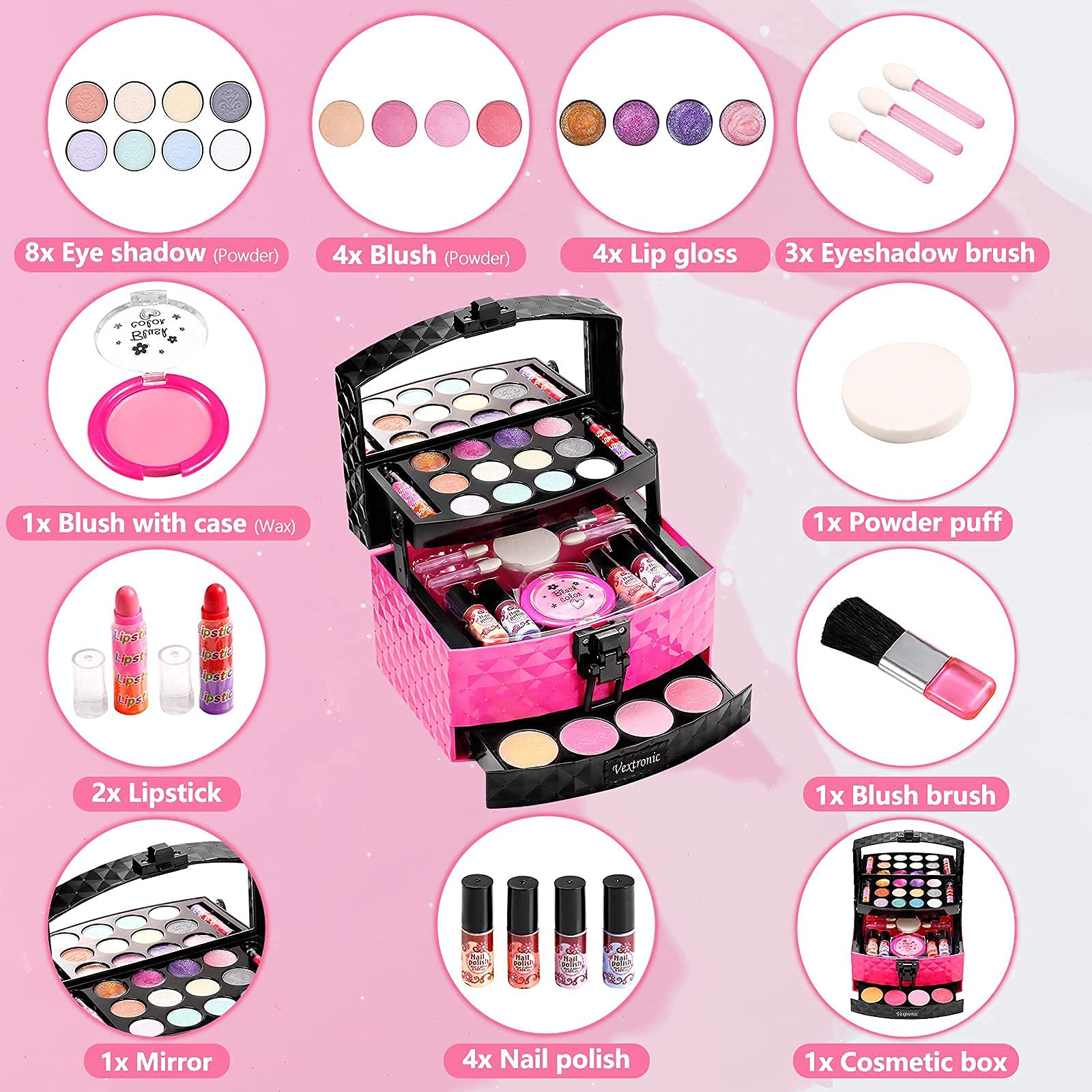 Vextronic Girl Makeup Toy Set 30 Pcs Washable Kids Makeup Kit for Girls, Pretend Play Makeup Kit for Kids, Non-Toxic, Real Cosmetic Toy Beauty Set for Kids Birthday Gift