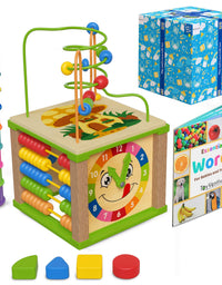 TOYVENTIVE Wooden Kids Baby Activity Cube - Boys Gift Set | One 1, 2 Year Old Boy Gifts Toys | Developmental Toddler Educational Learning Boy Toys 12-18 Months | Bead Maze, First Birthday Gift
