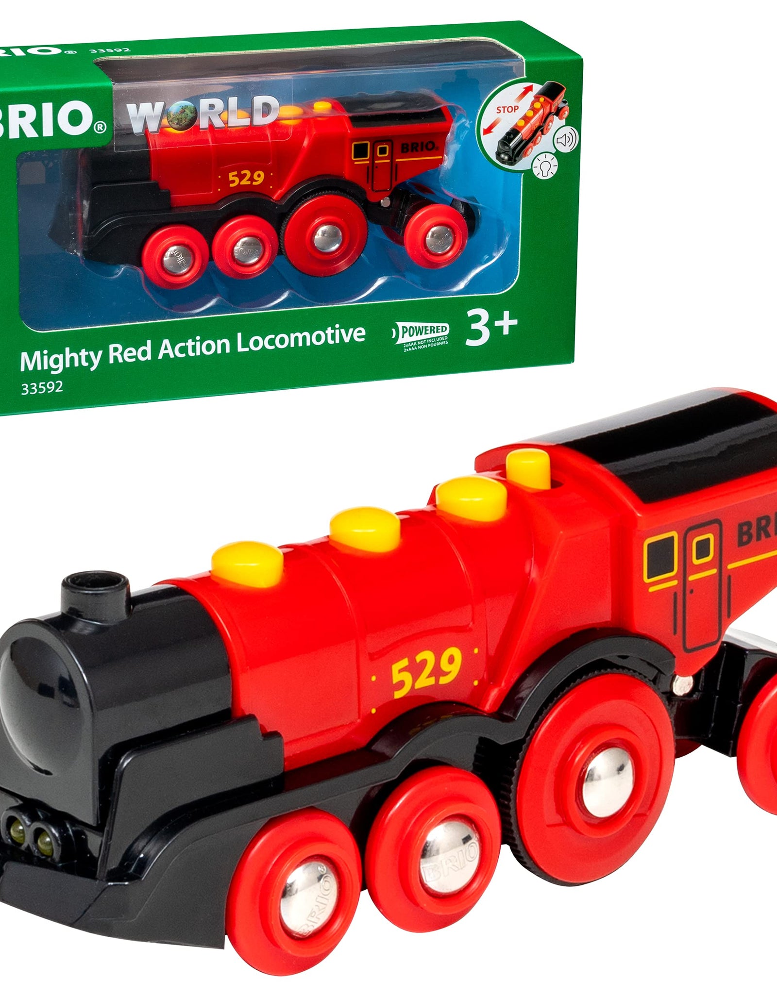BRIO World 33592 Mighty Red Action Locomotive | Battery Operated Toy Train With Light and Sound Effects for Kids Age 3 and Up