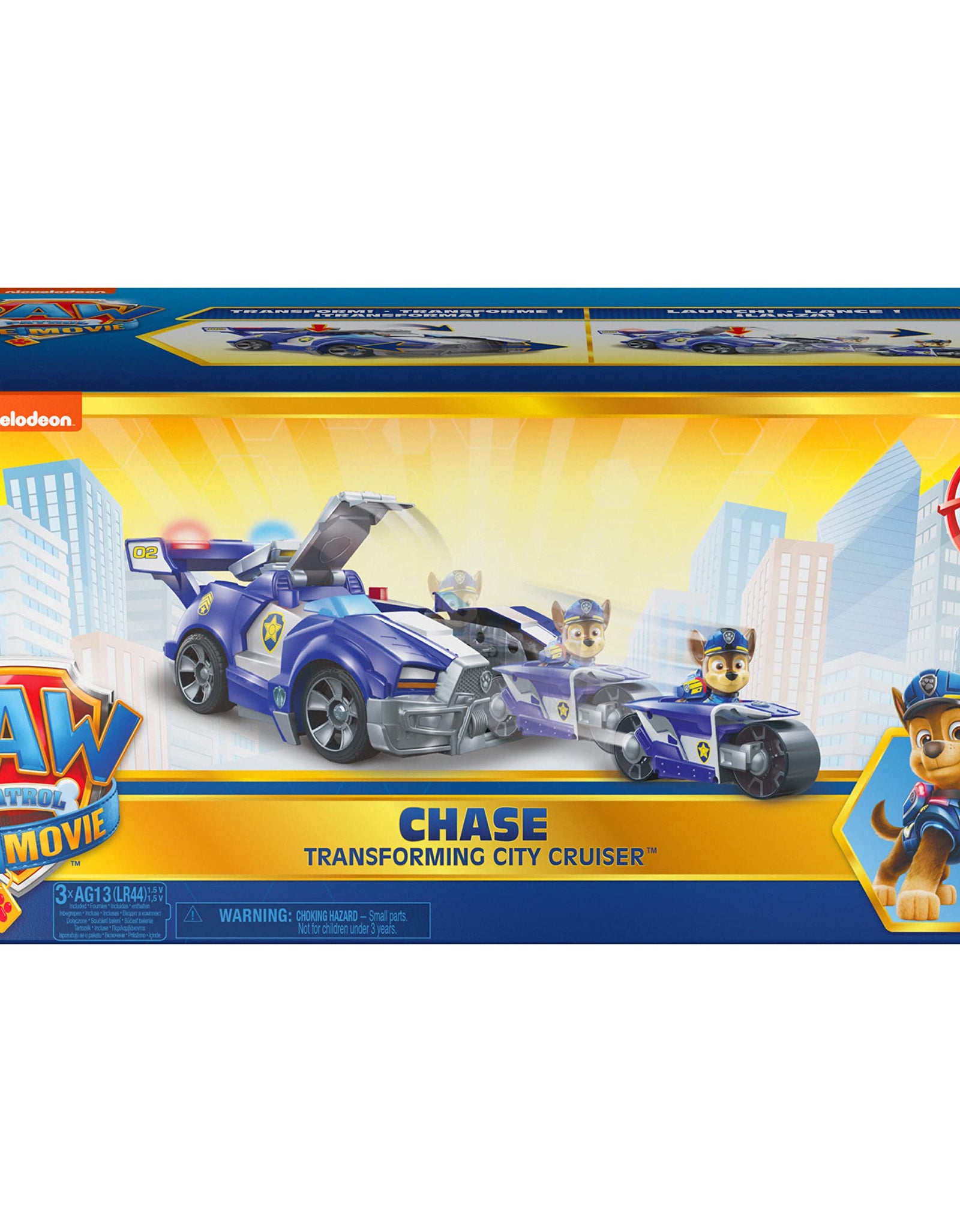 Paw Patrol, Chase 2-in-1 Transforming Movie City Cruiser Toy Car with Motorcycle, Lights, Sounds and Action Figure, Kids Toys for Ages 3 and up
