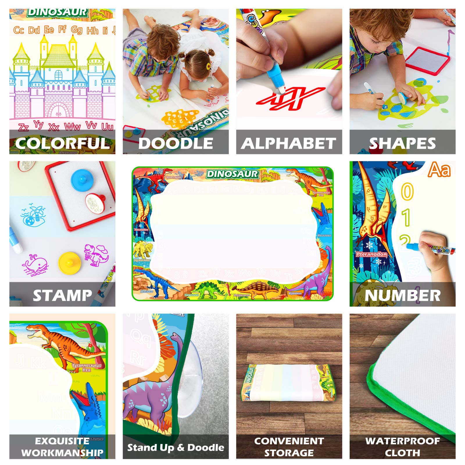 Jasonwell Aqua Magic Doodle Mat - 60 x 40'' XXX-Large Water Drawing Doodling Mat Dinosaur Painting Writing Board Coloring Mat Educational Toy Gift for Kids Toddlers Age 3 4 5 6 7 8 Year Old Girls Boys