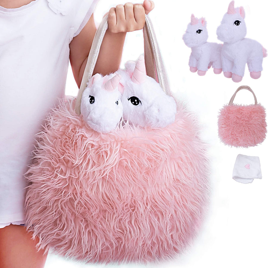 Unicorn Gift for Girls 4 Pcs Set. Baby and Mommy Unicorn Toy, XL Furry Bag and Baby Doll Blanket. Adorable Plush Toy for 3 4 5 Year Old Girl, Unicorn Gift for Little Girl. Birthday, Christmas Age 2-8