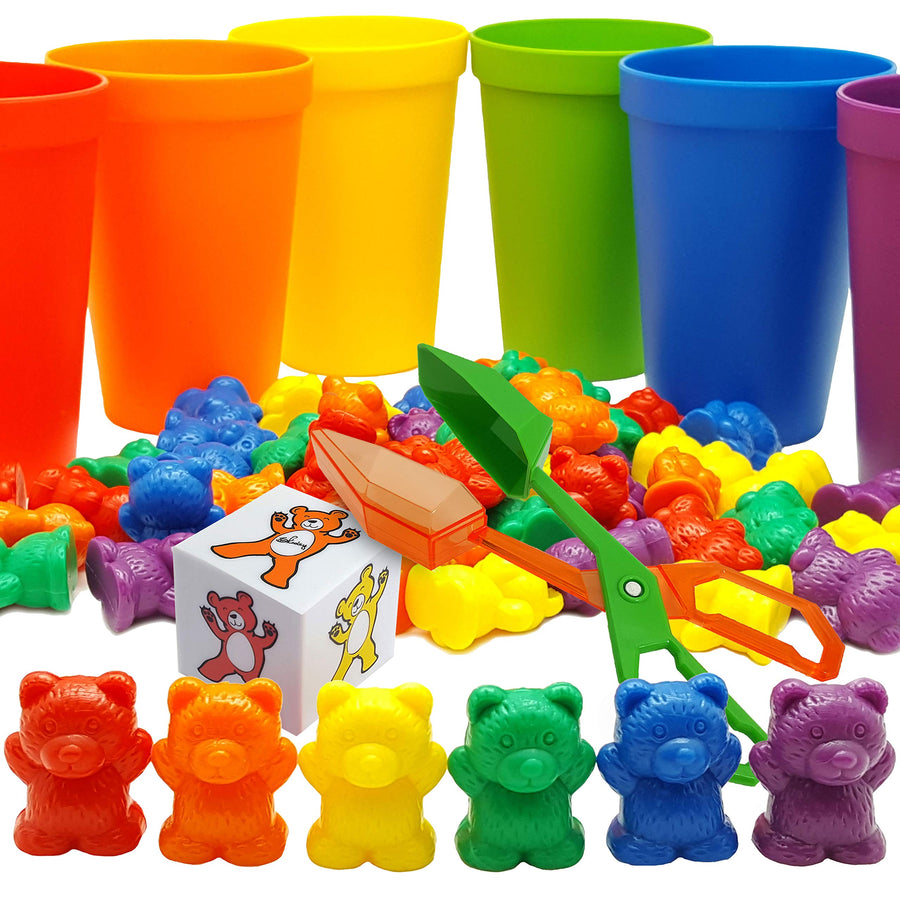 Skoolzy Rainbow Counting Bears with Matching Sorting Cups, Bear Counters and Dice Math Toddler Games 71pc Set - Bonus Scoop Tongs, Storage Bags