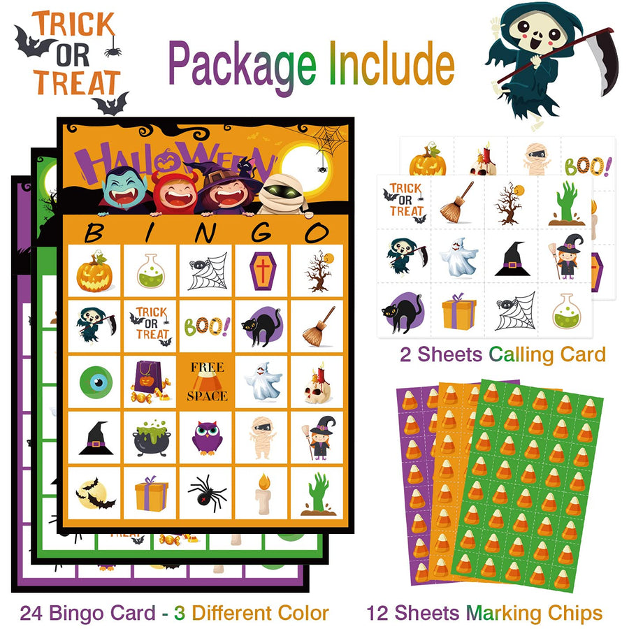 LUED Halloween Bingo Game for Kids, 24 Players Halloween Game for School Classroom Halloween Activities, Halloween Party Favors Supplies