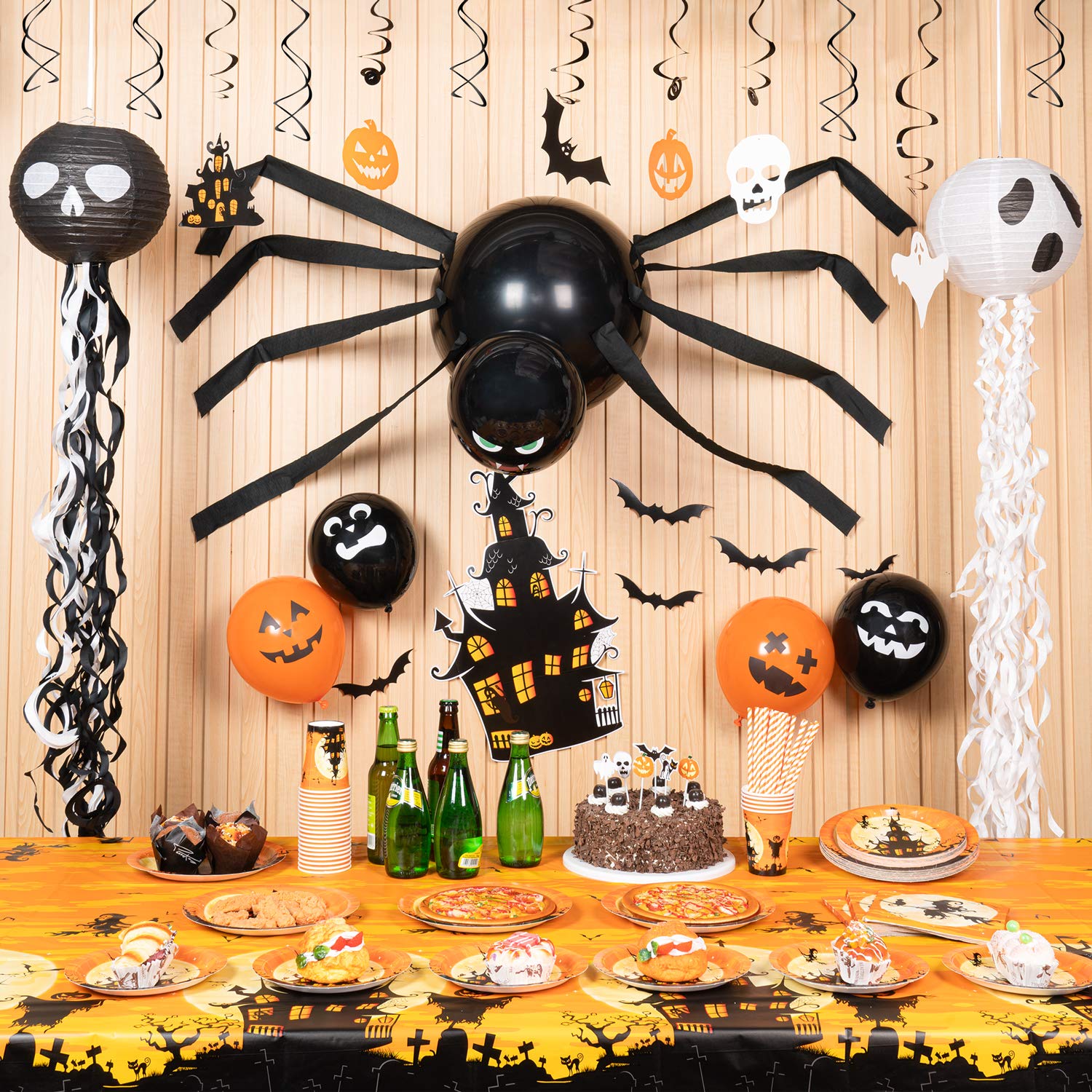Decorlife Halloween Party Decorations, Halloween Decorations Indoor Including Happy Halloween Banner, Wire Lanterns, Hanging Swirls, Castle and Bats Centerpiece, Spiders and Web, Balloons
