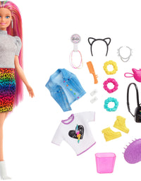 Barbie Leopard Rainbow Hair Doll (Blonde) with Color-Change Hair Feature, 16 Hair & Fashion Play Accessories Including Scrunchies, Brush, Fashion Tops, Cat Ears, Cat Purse & More

