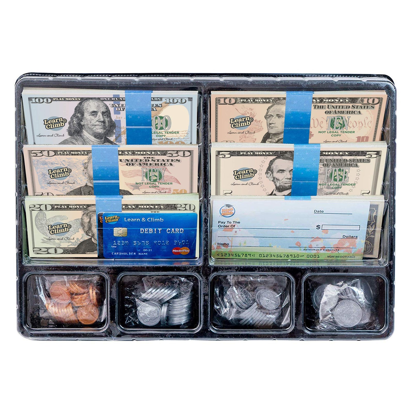 Play Money for kids – Looks Real Play Money Set for Pretend Play & Learning. Contains: Bills, Coins, Credit & Debit Cards and Checkbook