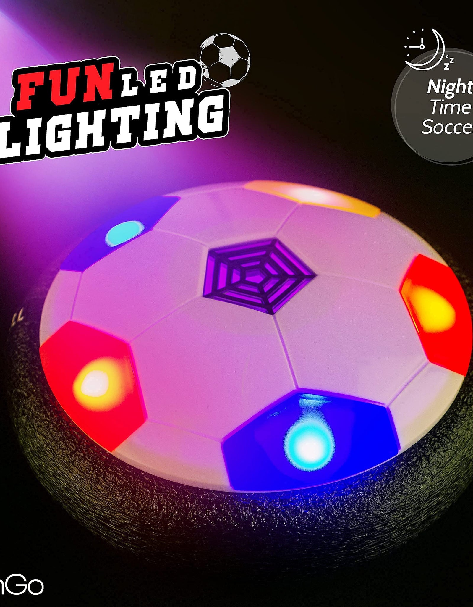 Hover Soccer Ball for Kids | Flashing Colored LED Lights | for Smooth Surfaces | New Football Toy, Indoor Battery Operated Air Floating Hovering Disc for Girls and Boys, Soft Foam Bumpers, Ages 3-13