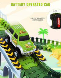 Dinosaur Toys-170 pcs Create A Dinosaur World Road Race-Flexible Track Playset ,4 Dinosaurs and 2 Race Car Toys for 3 4 5 6 Year & Up Old boy Girls Best Gift (Green)

