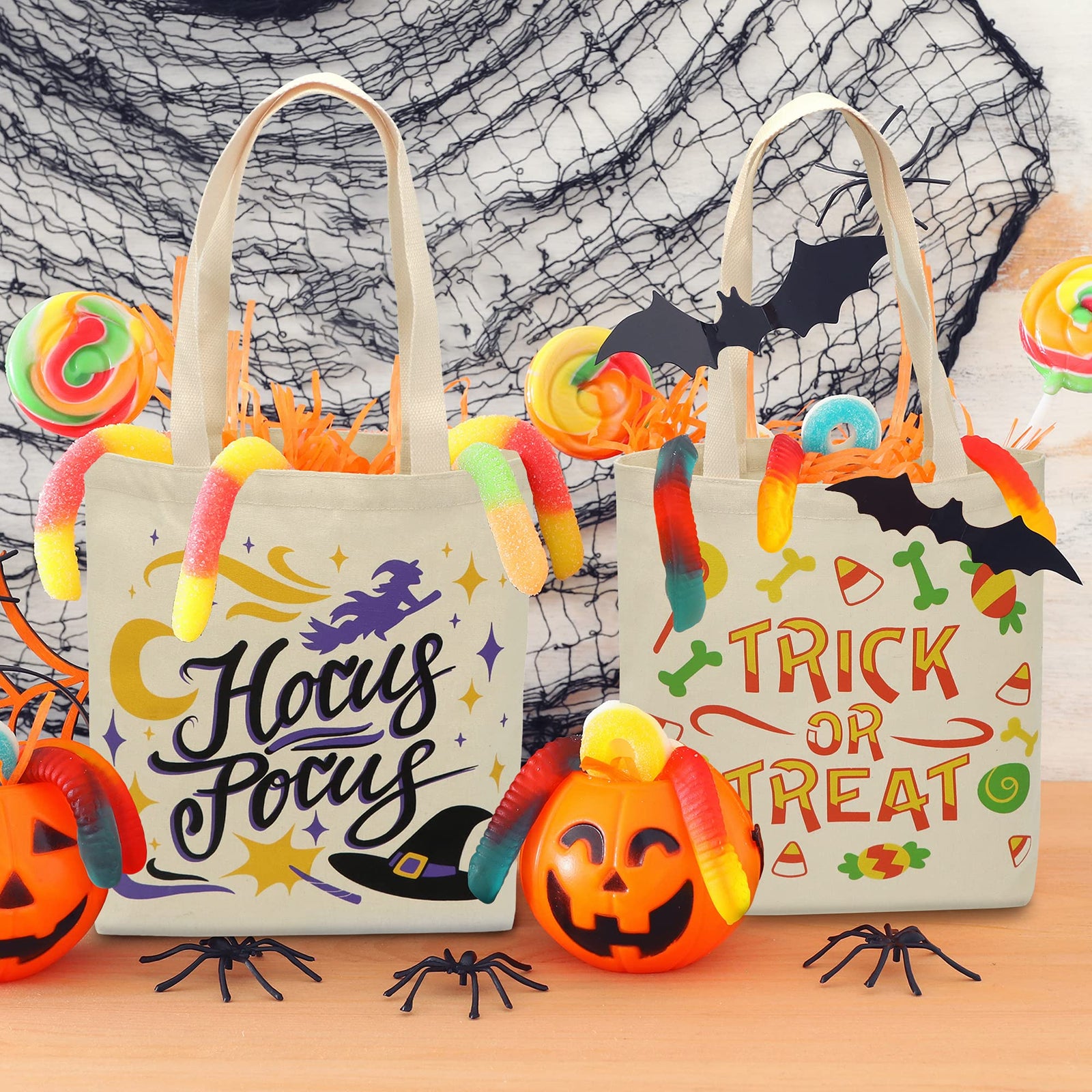 JOYIN 3 Pcs Large Halloween Canvas Tote Bags, Reusable Grocery Shopping Bag for Trick-or-Treating, Halloween Party Favors, Halloween Snacks, Event Party Favor Supplies, Halloween Trick or Treat Bags