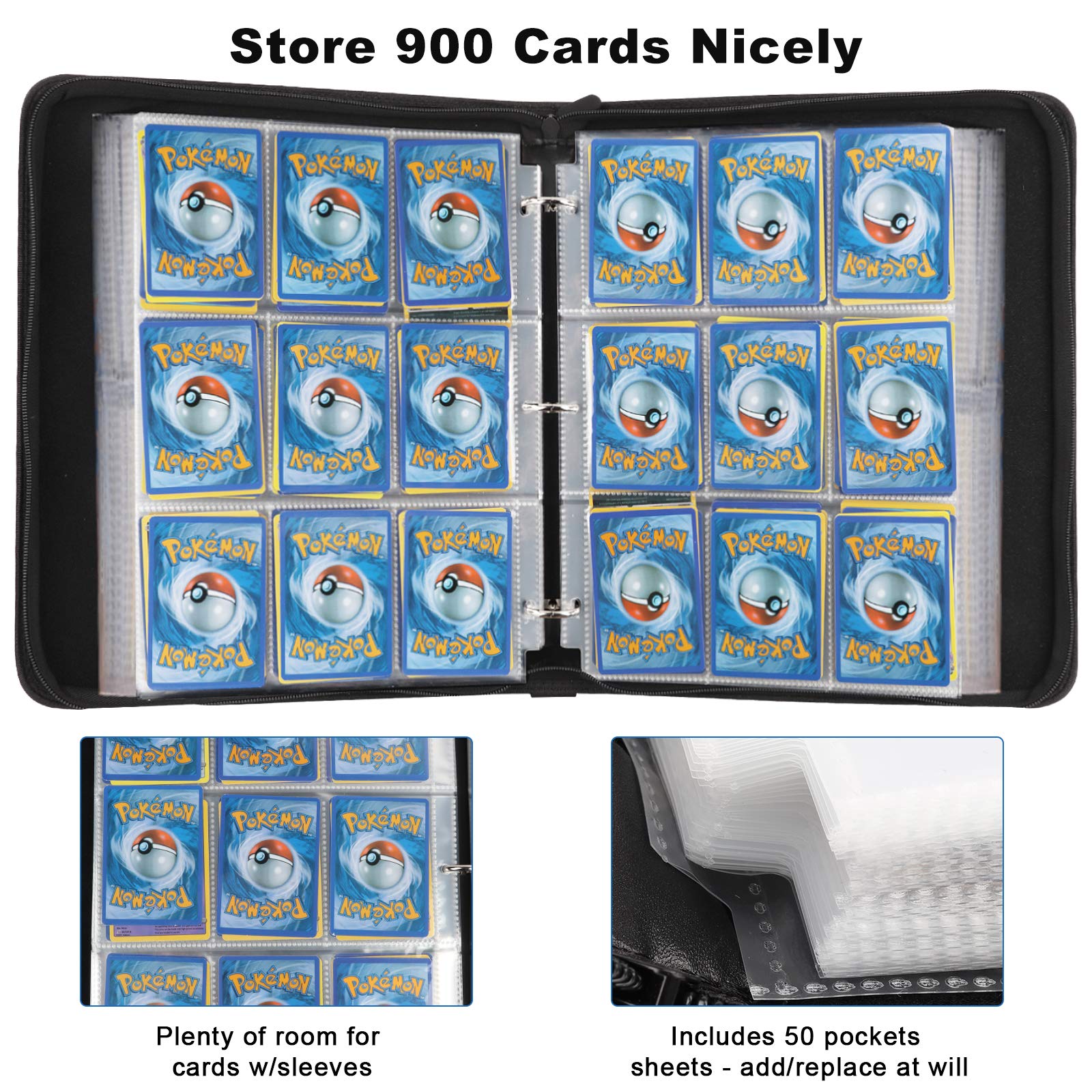 WEWOW Carrying Case Binder for Pokemon Cards, 9-Pocket Card Binder Holder Fits 900 Cards with 50 Pages, Card Binder Collector Album Storage Book Folder for Trading Cards.
