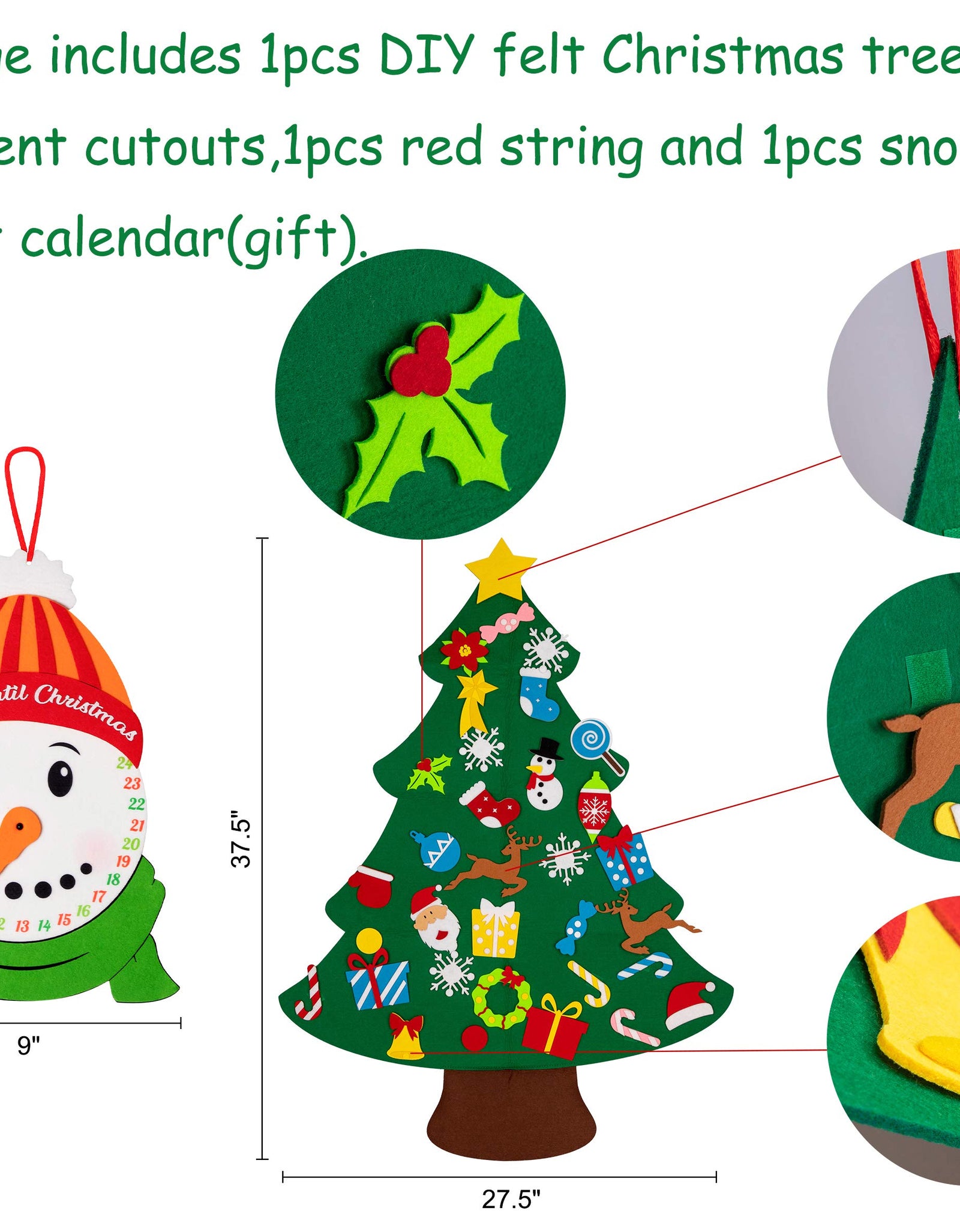 jollylife 3ft DIY Felt Christmas Tree Set Plus Snowman Advent Calendar - Xmas Decorations Wall Hanging 33 Ornaments Kids Gifts Party Supplies