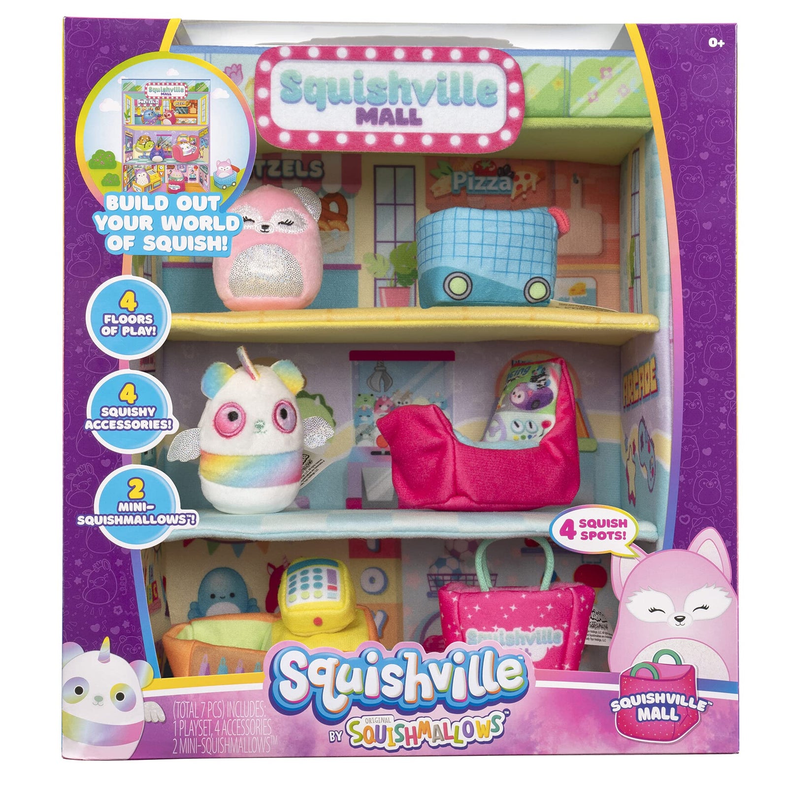 Squishville Squishmallows Mall - Two 2-Inch Mini-Squishmallows Plush Characters, Themed Play Scene, 4 Accessories (Shopping Bag, Shopping Cart, Cash Register, Arcade Machine) - Amazon Exclusive