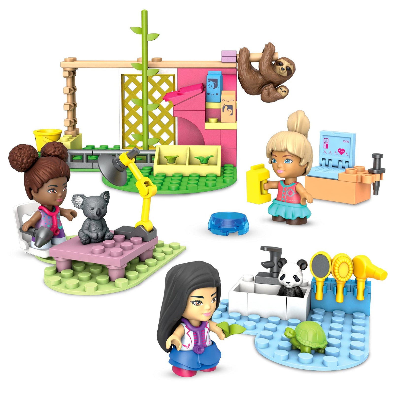 Mega Barbie Animal Grooming Station Building Set, 97 Bricks and Pieces with Fashion and Roleplay Accessories, 3 Micro-Dolls, 1 Panda, 1 Koala, 1 Turtle and 2 Sloths, Toy Gift Set for Ages 5 and up