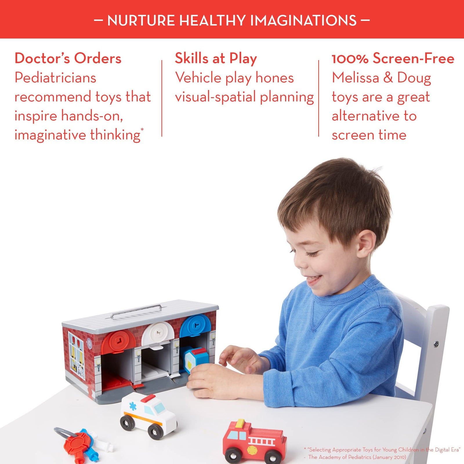 Melissa & Doug Toy Keys and Cars Wooden Rescue Vehicles and Garage (7 pcs) Red