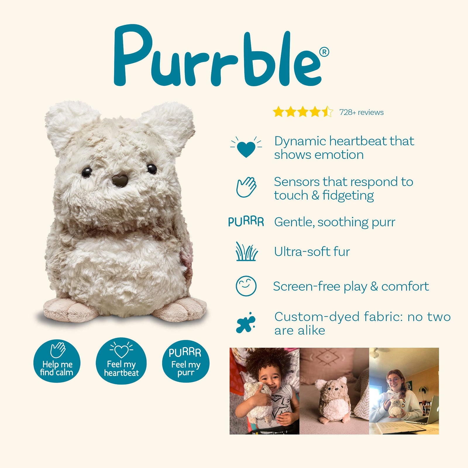Purrble - Calming Toy Companion with Dynamic Heartbeat and Soothing Purr - Interactive Plush Companion for All Ages - Stuffed Animal Doll for Emotion Regulation - Cuddle and Pet Plushies