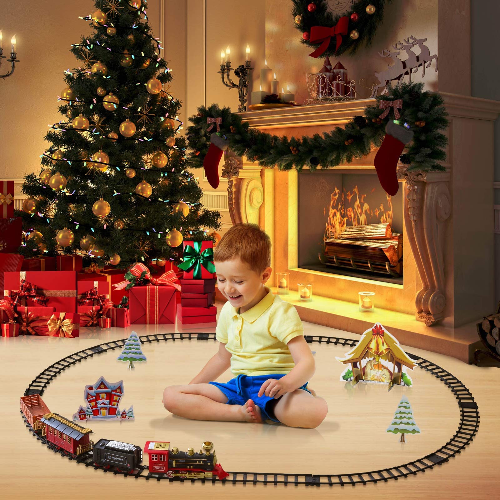 Hot Bee Train Set - Electric Train Toy for Boys Girls w/ Smokes, Lights & Sound, Railway Kits w/ Steam Locomotive Engine, Cargo Cars & Tracks, Christmas Gifts for 3 4 5 6 7 8+ year old Kids