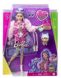 Barbie Extra Doll #6 in Pink Teddy Bear Print Denim Jacket & Matching Shorts with Pet Puppy, Long Periwinkle Hair, Layered Outfit & Accessories, Multiple Flexible Joints
