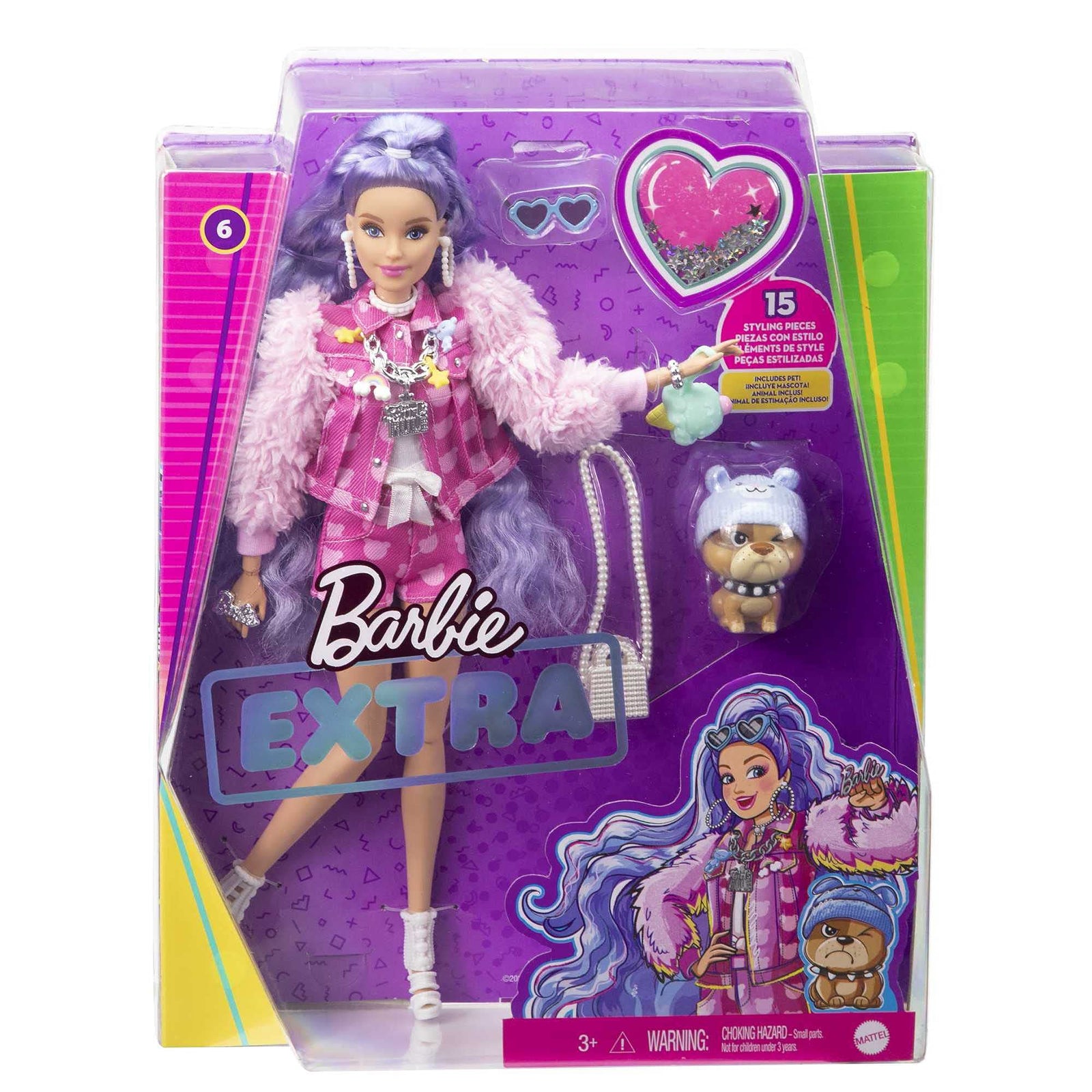 Barbie Extra Doll #6 in Pink Teddy Bear Print Denim Jacket & Matching Shorts with Pet Puppy, Long Periwinkle Hair, Layered Outfit & Accessories, Multiple Flexible Joints