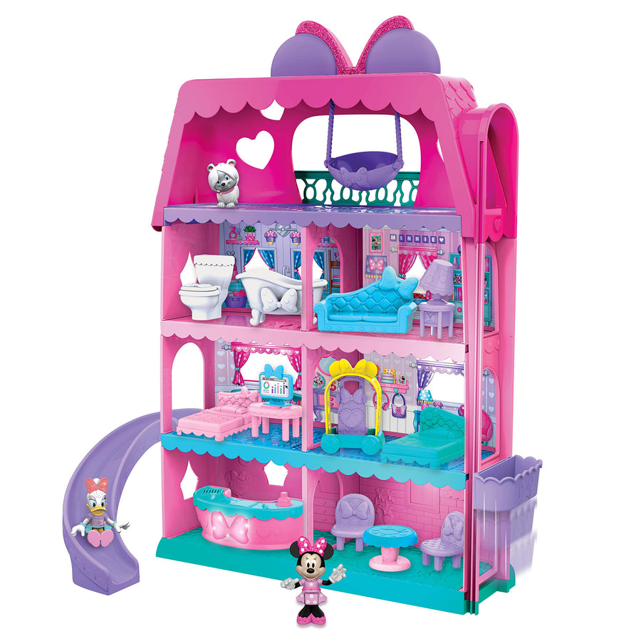 Minnie Mouse Bow-Tel Hotel, 2-Sided Playset with Lights, Sounds, and Elevator, 20 Pieces, Includes Minnie Mouse, Daisy Duck, and Snowpuff Figures, by Just Play
