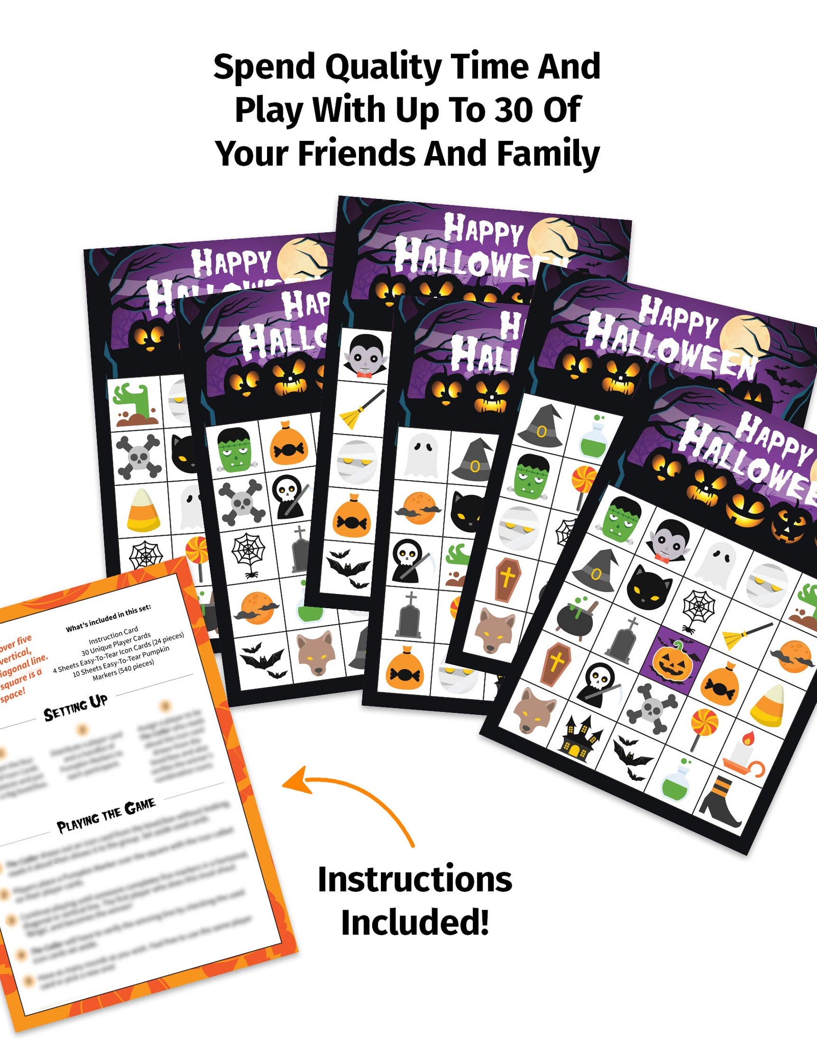 Halloween Bingo Game Set - 30 Player Cards Pack - Halloween Party Games for Kids, Adults & Family Activity - Halloween Crafts for Classroom School Supplies Board Games