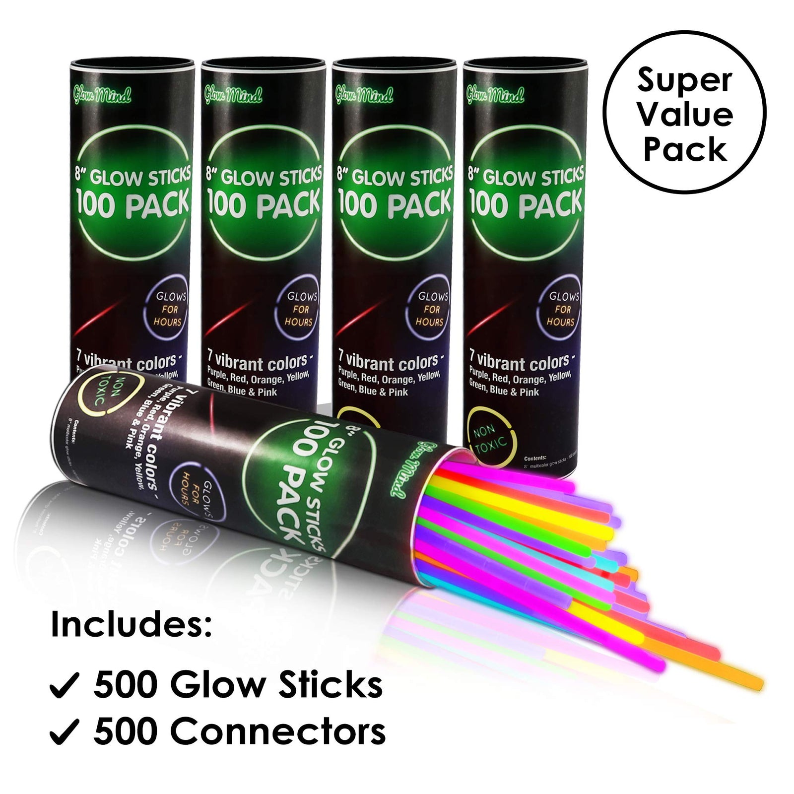 100 Glow Sticks Bulk Party Supplies - Glow in The Dark Fun Party Pack with 8" Glowsticks and Connectors for Bracelets and Necklaces for Kids and Adults