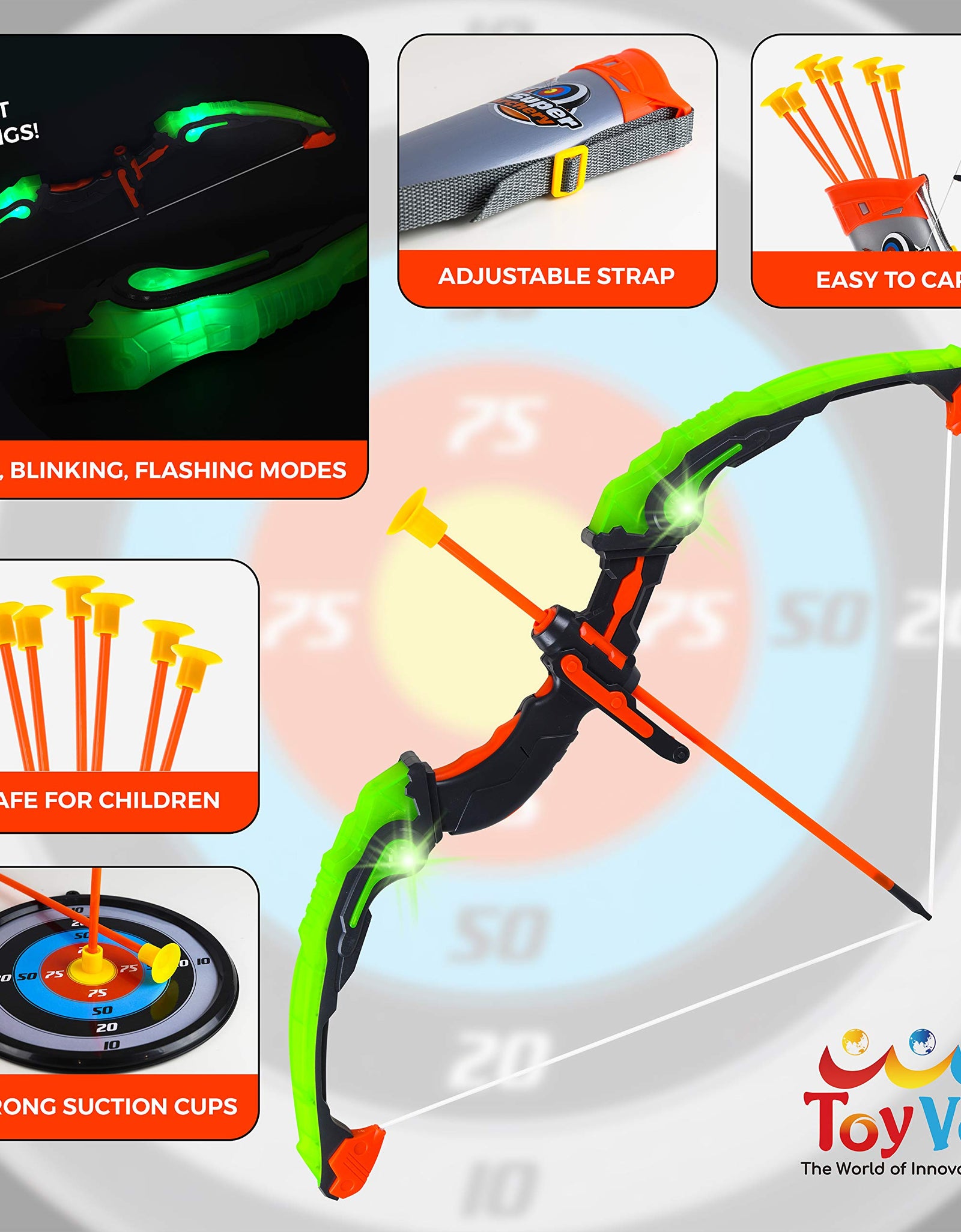 Toyvelt Bow and Arrow Set for Kids -Light Up Archery Toy Set -Includes 6 Suction Cup Arrows, Target & Quiver - for Boys & Girls Ages 3 -12 Years Old (Green)