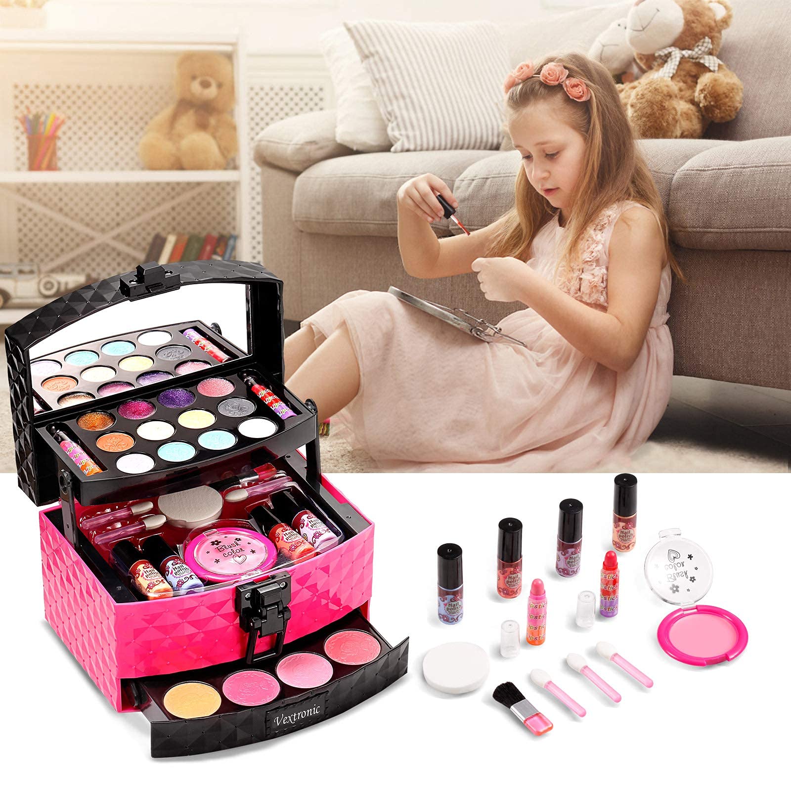 Vextronic Girl Makeup Toy Set 30 Pcs Washable Kids Makeup Kit for Girls, Pretend Play Makeup Kit for Kids, Non-Toxic, Real Cosmetic Toy Beauty Set for Kids Birthday Gift