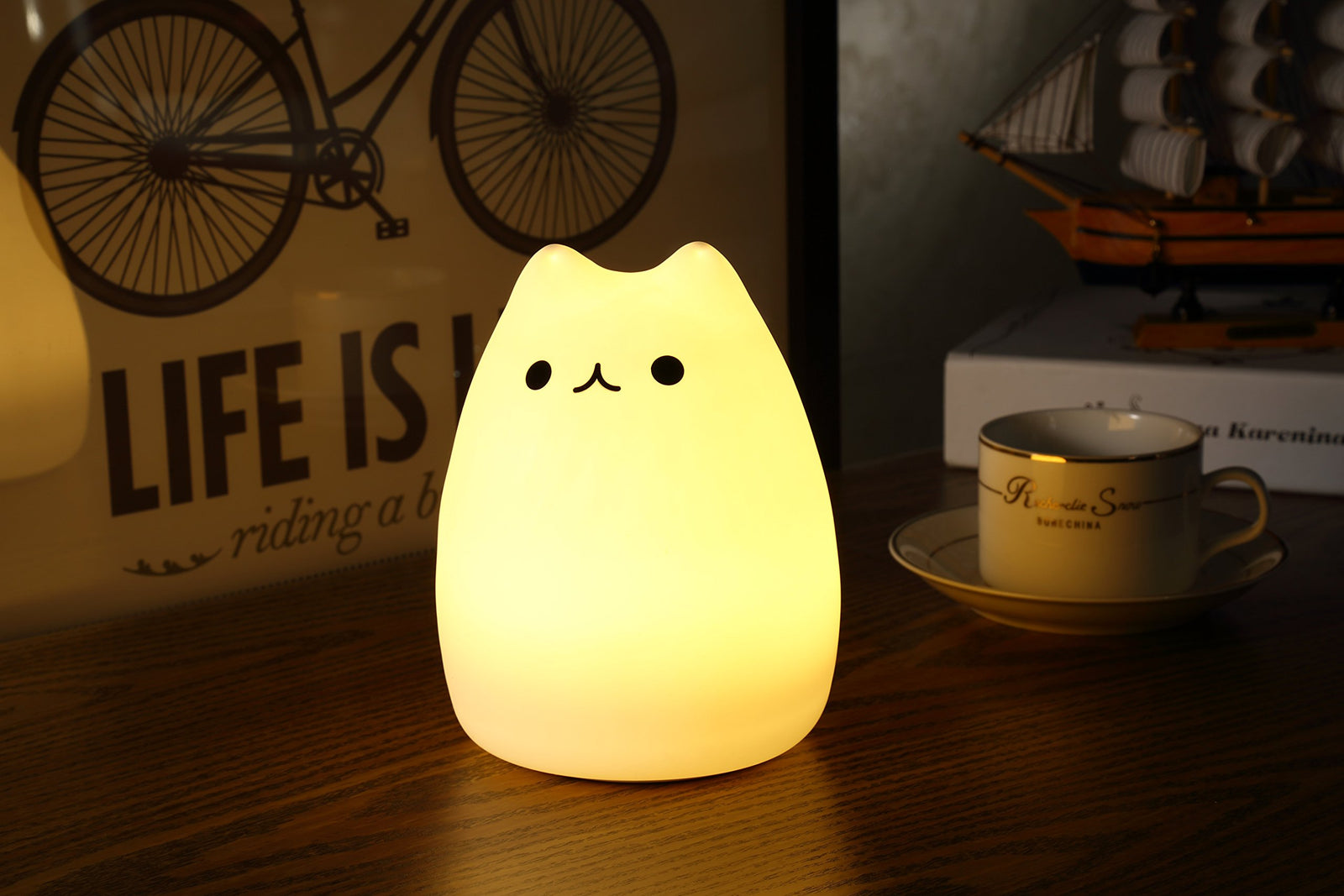 WoneNice Portable Cute Cat Silicone LED Night Lamp,USB Rechargeable Children Night Light with Warm White & 7-Color Breathing Modes, Touch Sensor Control, Christmas Gifts for Baby, Kids, Adults