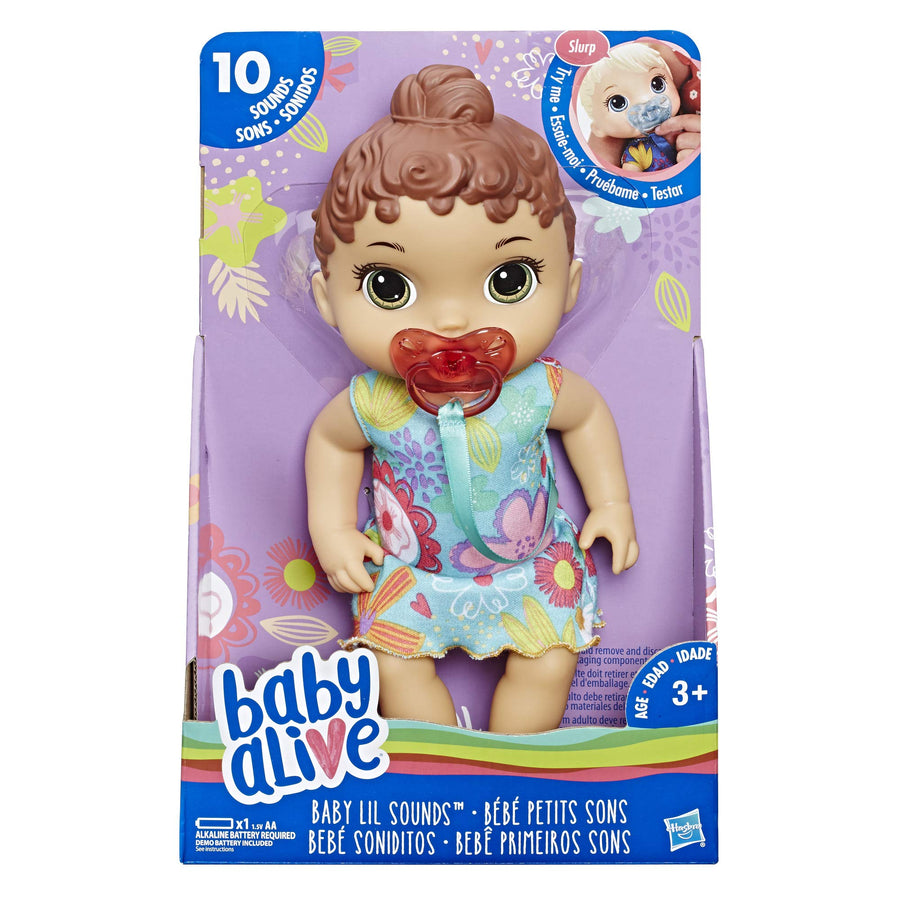 Baby Alive Baby Lil Sounds: Interactive Brown Hair Baby Doll for Girls & Boys Ages 3 & Up, Makes 10 Sound Effects, Including Giggles, Cries, Baby Doll with Pacifier