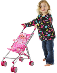 Precious Toys Baby Doll Stroller, Foldable Play Stroller, Fits Dolls 18 Inches, Extra Stability, Fully Assembled, Color Pink and White Polka Dots, Lead Free Paint, Gifts for Toddlers and Girls Ages 2+
