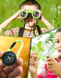 Promora Binoculars for Kids, Camping Set for Kids with Magnifying Glass & Compass (Green) - Toy Gift for 4 to 12 Year Old Boys and Girls

