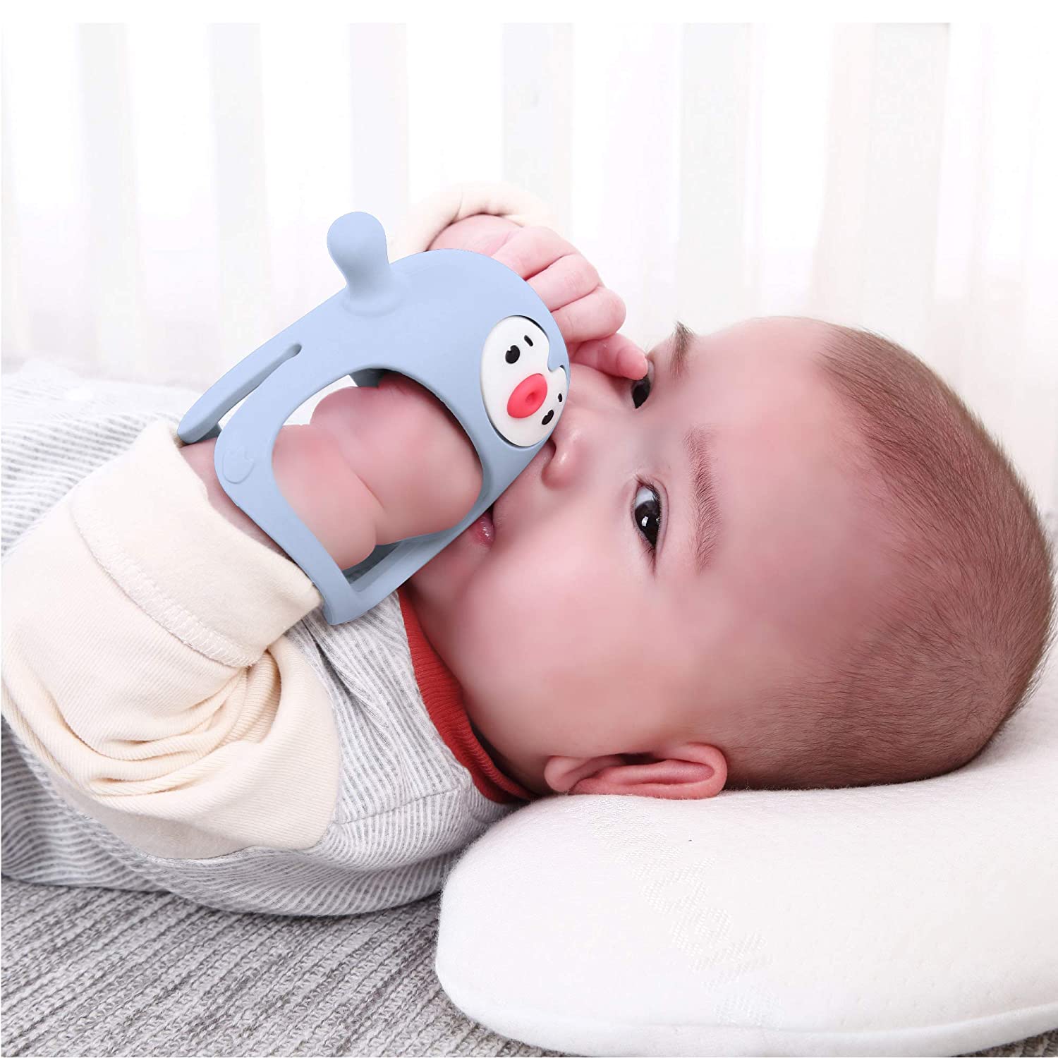 Smily Mia Penguin Buddy Never Drop Silicone Baby Teething Toy for 0-6month Infants, Baby Chew Toys for Sucking Needs, Hand Pacifier for Breast Feeding Babies, Car Seat Toy for New Born, Light Blue