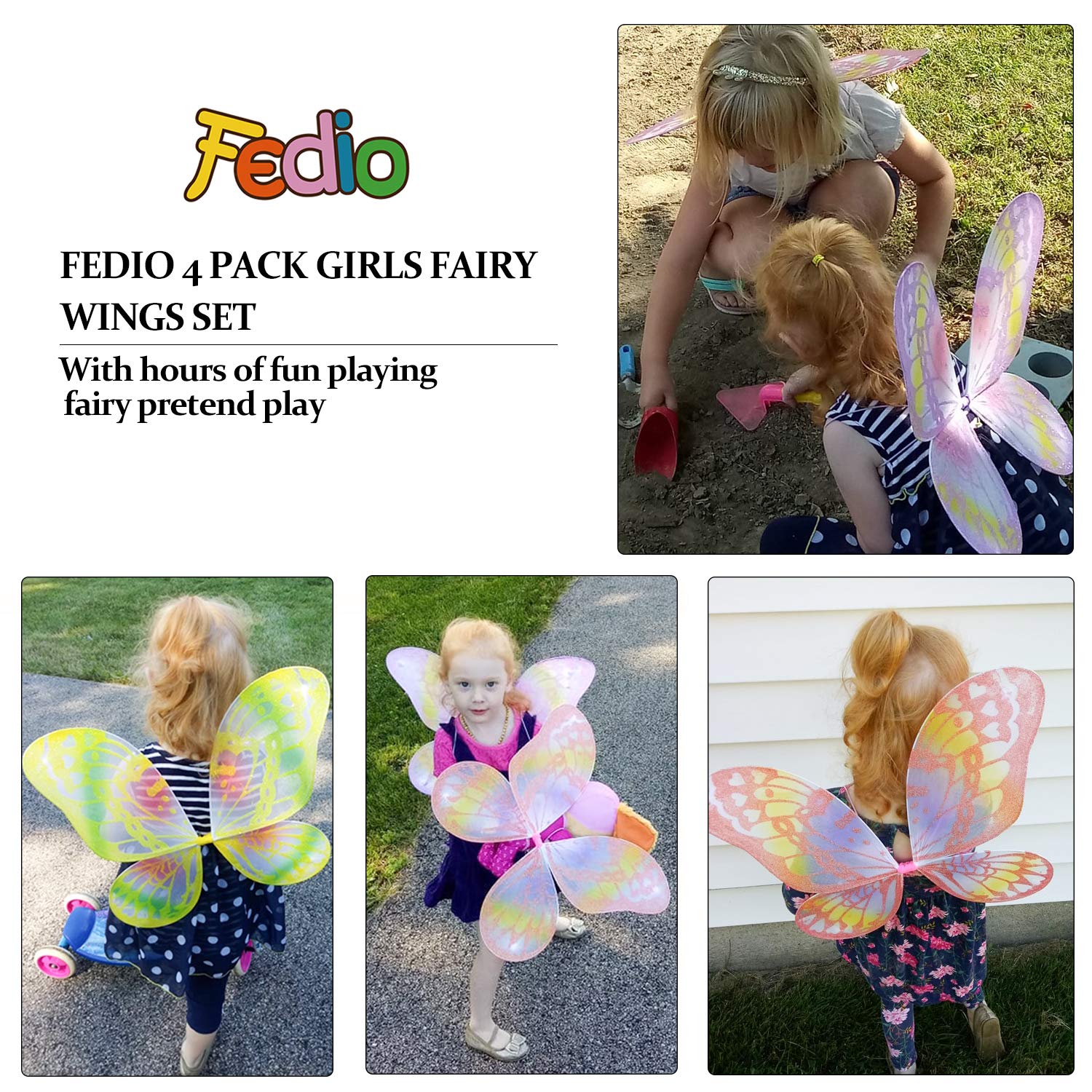 Girls Fairy Wings fedio 4 Pack Princess Butterfly Costume Wings Set for Kids Dress up Birthday Party(Ages 3-6 Years) (Fairy wings- (2019 style 4 Pack))