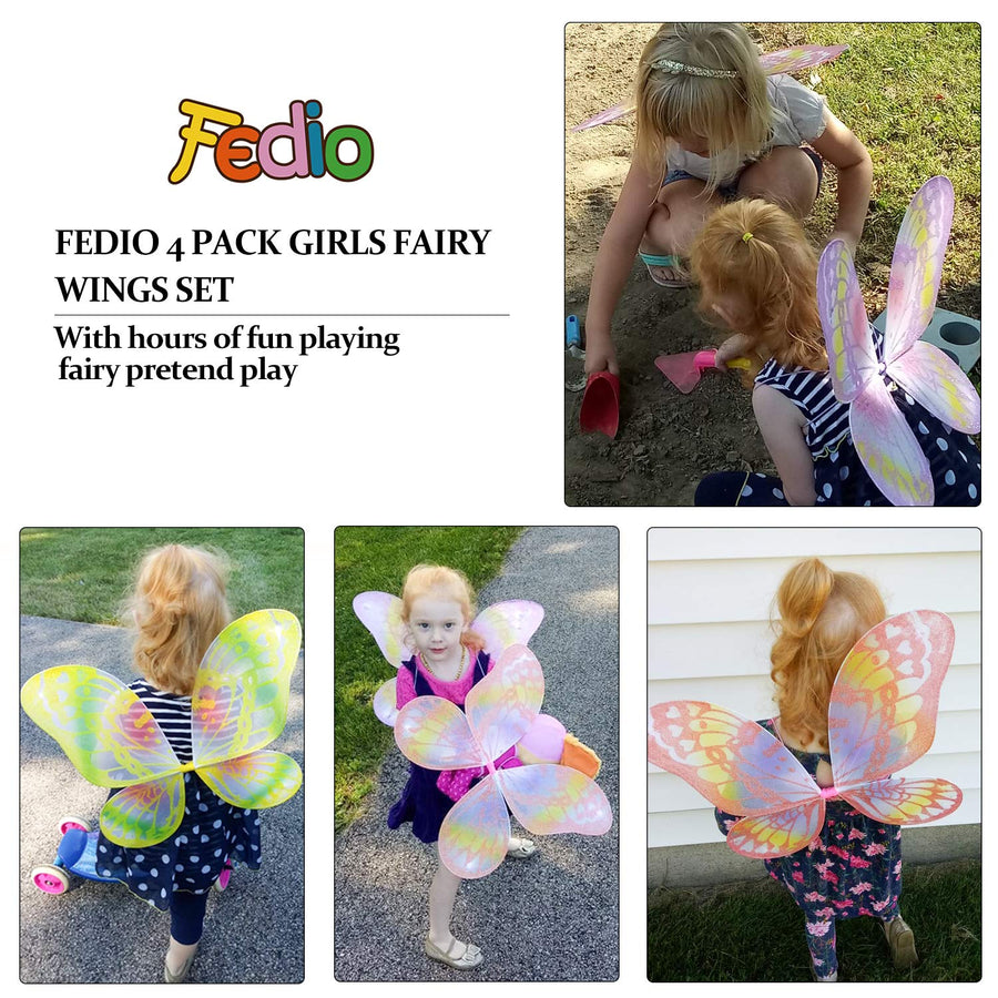 Girls Fairy Wings fedio 4 Pack Princess Butterfly Costume Wings Set for Kids Dress up Birthday Party(Ages 3-6 Years) (Fairy wings- (2019 style 4 Pack))