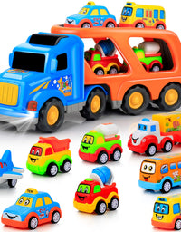 9 pcs Cars Toys for 2 3 4 5 Years Old Toddlers, Big Carrier Truck with 8 Small Cartoon Pull Back Cars, Colorful Assorted Vehicles, Transport Truck with Sound and Light, Best Gift for Boy and Girl

