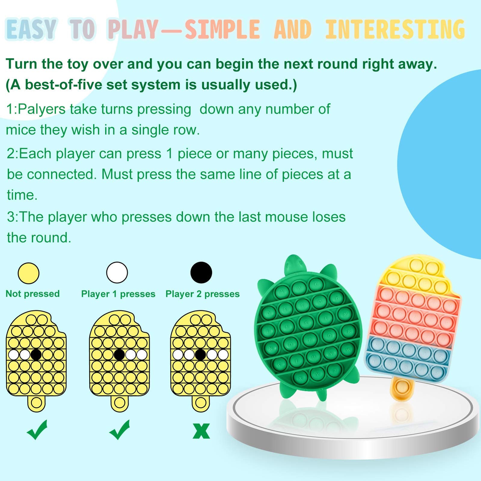 Jasilon [Newest Design [UPGRAED Material] 2PCS Push Bubble Pop Fidget Sensory Toy, Autism Special Needs Silicone Stress Reliever Toy, Anti-Anxiety Squeeze Sensory Toy for Kids (Turtle+Icecream)