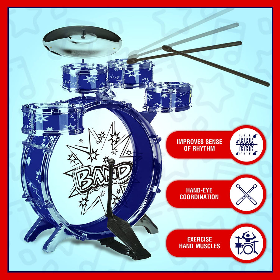 ToyVelt 12 Piece Kids Jazz Drum Set – 6 Drums, Cymbal, Chair, Kick Pedal, 2 Drumsticks, Stool – Little Rockstar Kit to Stimulating Children’s Creativity, - Ideal Gift Toy for Kids, Teens, Boys & Girls