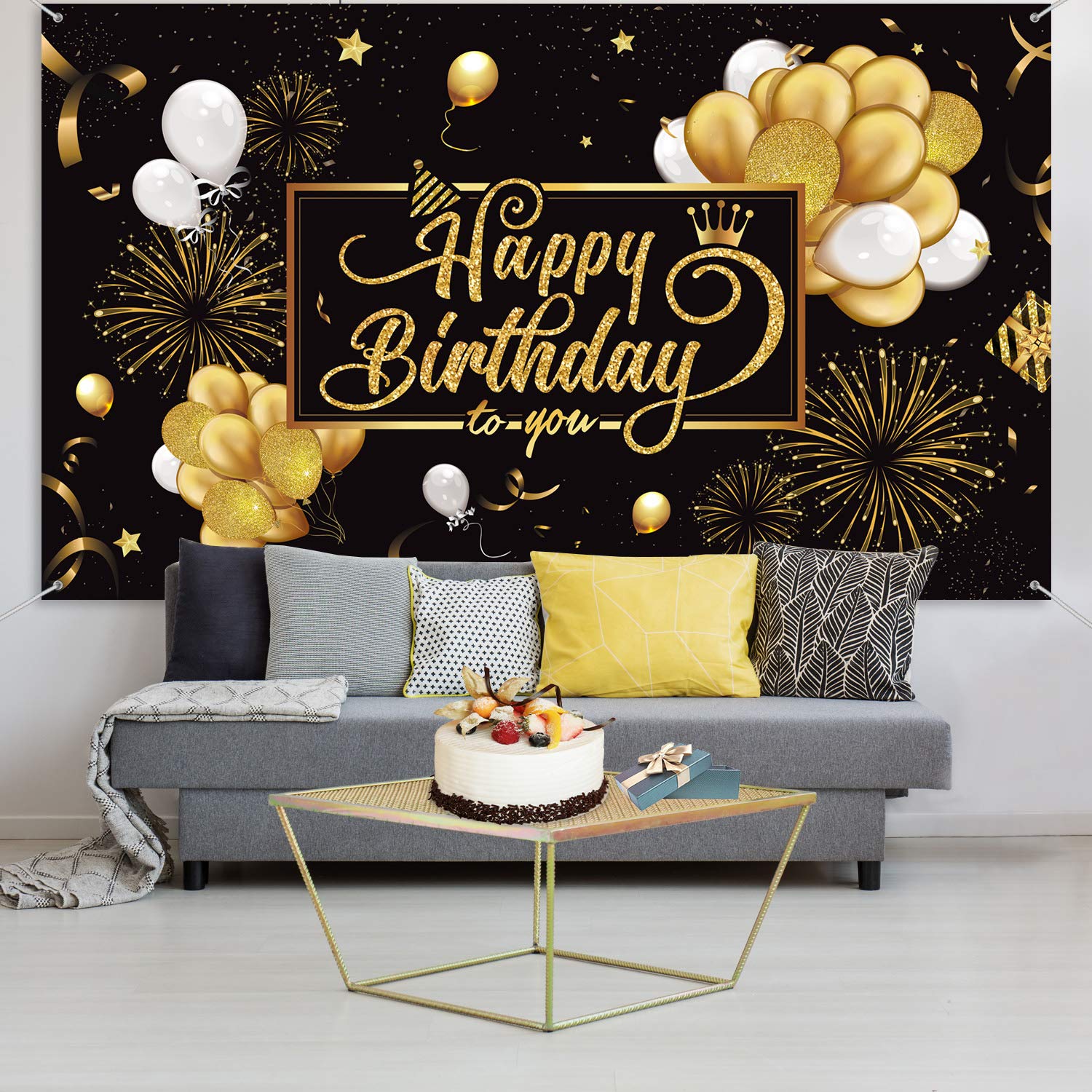 Happy Birthday Backdrop Banner Large Black Gold Balloon Star Fireworks Party Sign Poster Photo Booth Backdrop for Men Women 30th 40th 50th 60th 70th 80th Birthday Party Decorations, 72.8 x 43.3 Inch