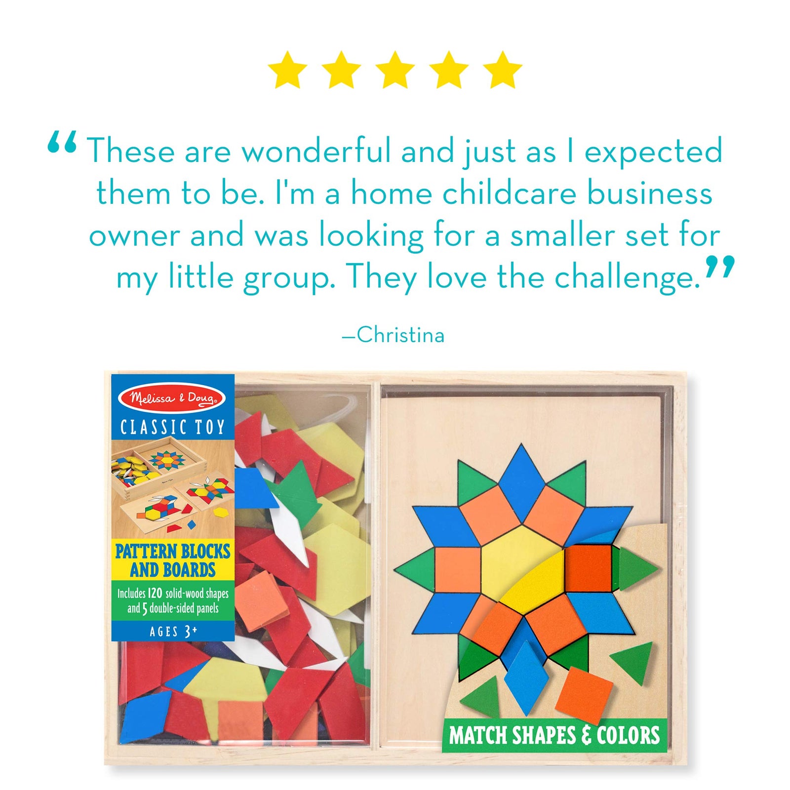Melissa & Doug Pattern Blocks and Boards - Classic Toy With 120 Solid Wood Shapes and 5 Double-Sided Panels