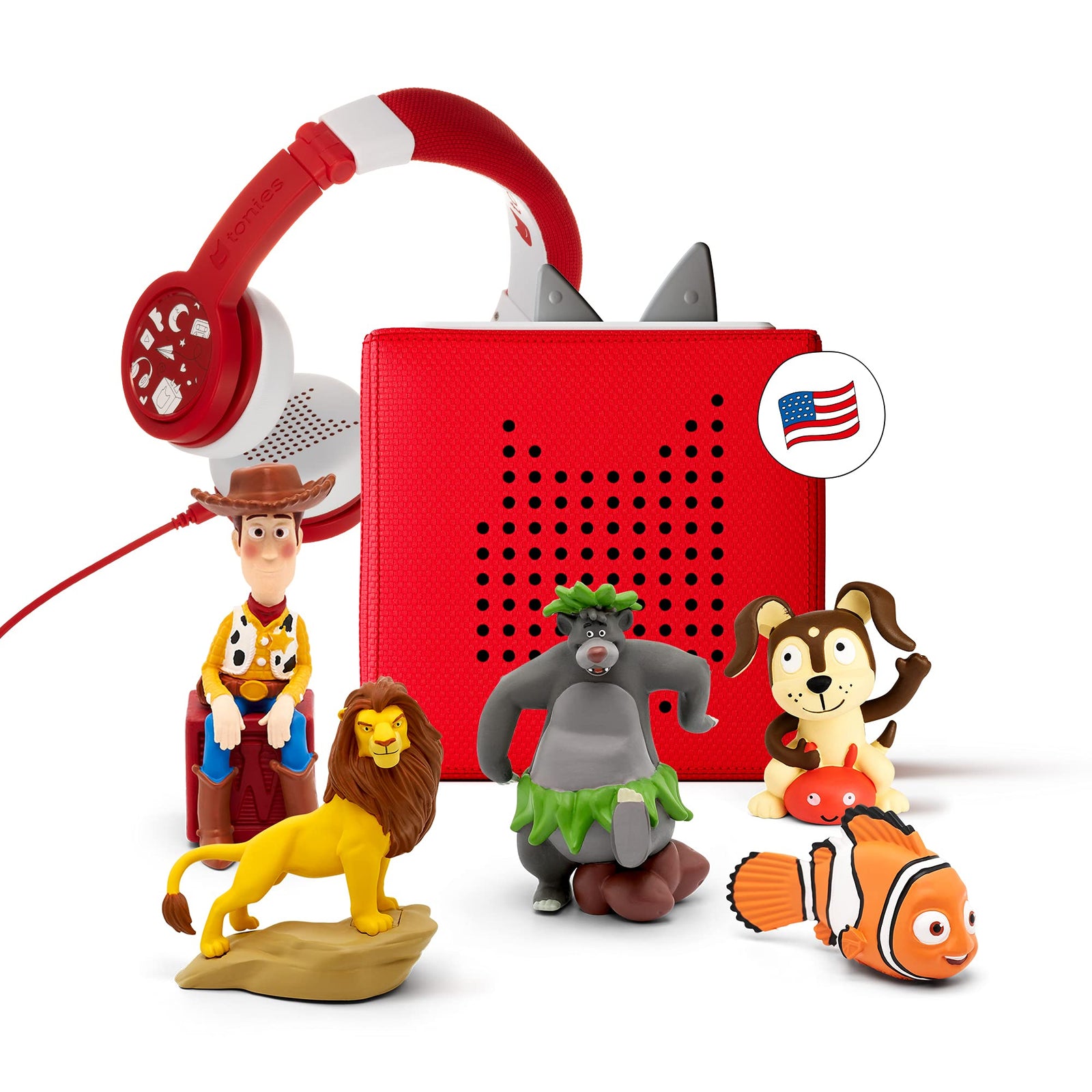 Toniebox Audio Player Starter Set with Woody, Simba, Nemo, Baloo, Playtime Puppy, and Foldable Headphones Imagination Building, Screen-Free Digital Listening Experience for Stories & Music - Red