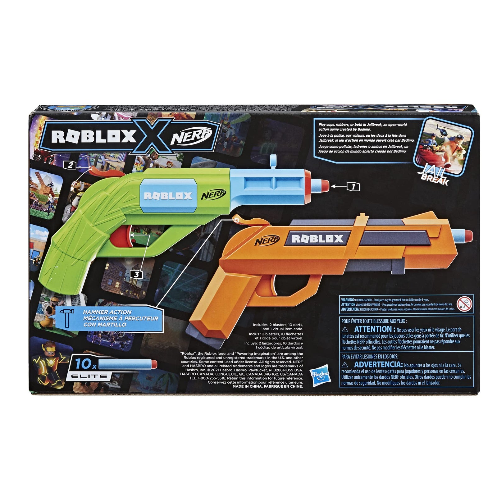 NERF Roblox Jailbreak: Armory, Includes 2 Hammer-Action Blasters, 10 Elite Darts, Code to Unlock in-Game Virtual Item