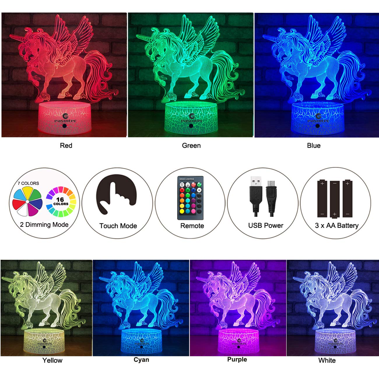 Easuntec Unicorn Gifts Night Lights for Kids with Remote & Smart Touch 7 Colors + 16 Colors Changing Dimmable Unicorn Toys 1 2 3 4 5 6 7 8 Year Old Girl Gifts (Unicorn 16WT)