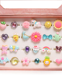 PinkSheep Little Girl Jewel Rings in Box, Adjustable, No Duplication, Girl Pretend Play and Dress Up Rings (24 Lovely Ring)

