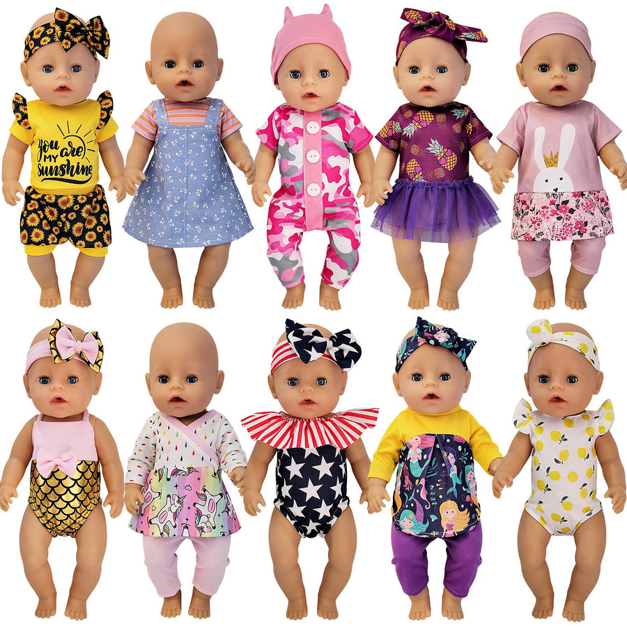 Windolls 10 Sets 14-16 Inch Baby Doll Clothes Dress Outfits Headbands Accessories fits 43cm New Born Baby Doll, Bitty 15 inch Baby Doll, American 18 Inch Girl Doll