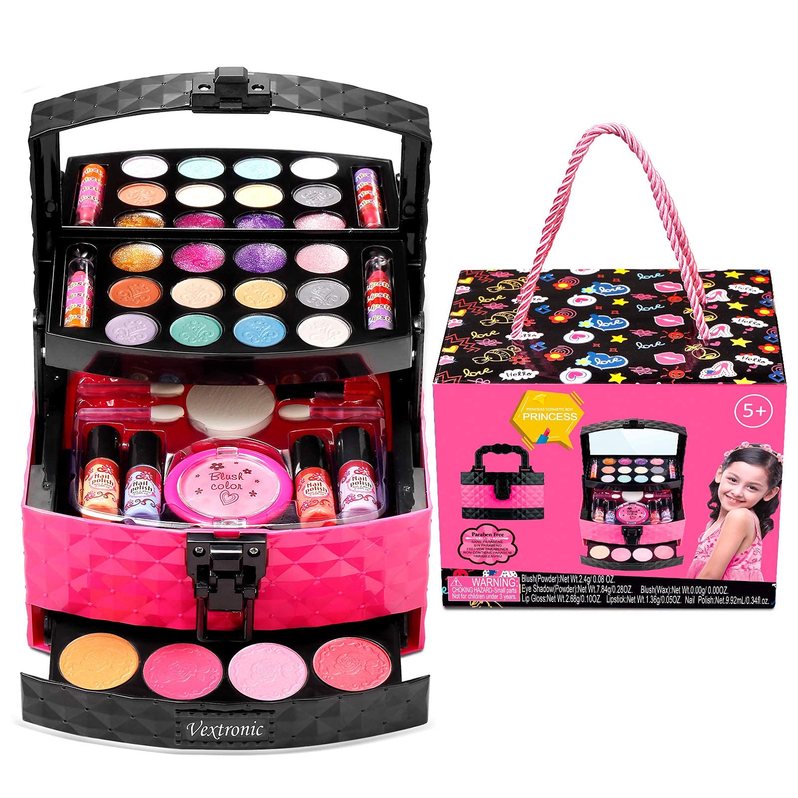 Vextronic Girl Makeup Toy Set 30 Pcs Washable Kids Makeup Kit for Girls, Pretend Play Makeup Kit for Kids, Non-Toxic, Real Cosmetic Toy Beauty Set for Kids Birthday Gift